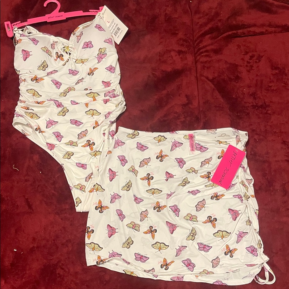 NWT Betsey Johnson one piece swimsuit with skirt Butterfly Love